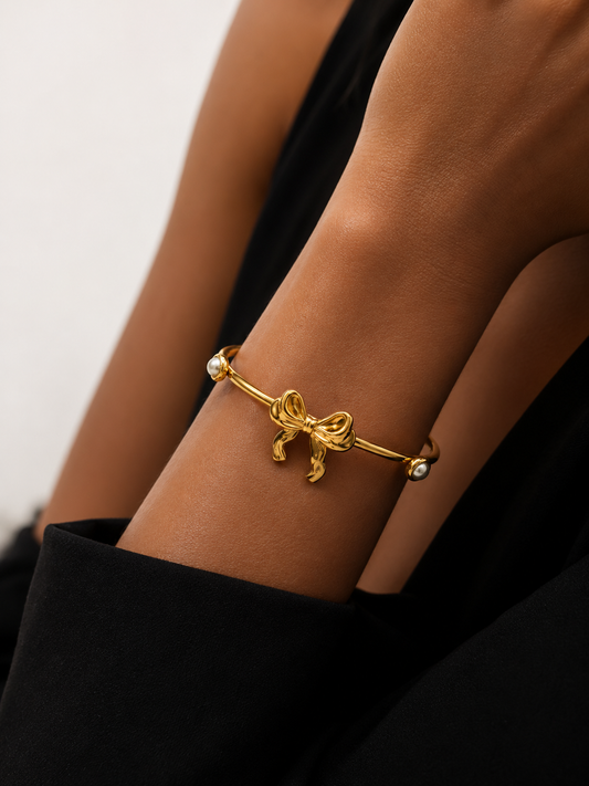 Bracelet doré avec nœud et perles, bijou élégant en acier inoxydable pour femme