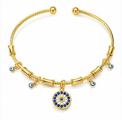 Bracelet doré avec pendentif œil bleu et charms en acier inoxydable