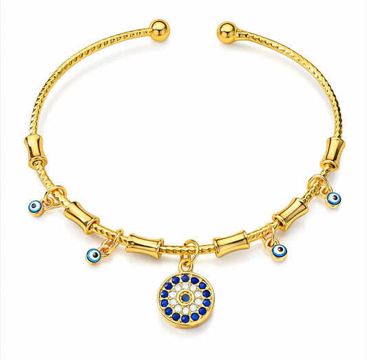 Bracelet doré avec pendentif œil bleu et charms en acier inoxydable