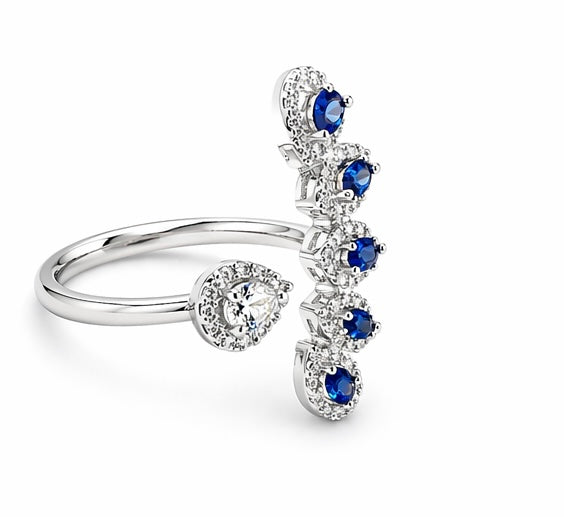 Bague élégante en argent 925 avec saphirs bleus et diamants scintillants