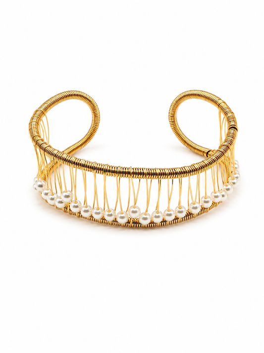 Bracelet doré en acier inoxydable avec perles blanches, bijou élégant pour femme