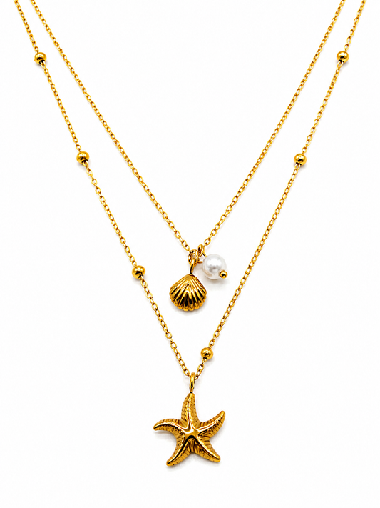 Collier doré à double chaîne avec étoile de mer, coquillage et perle, bijoux élégants en acier inoxydable